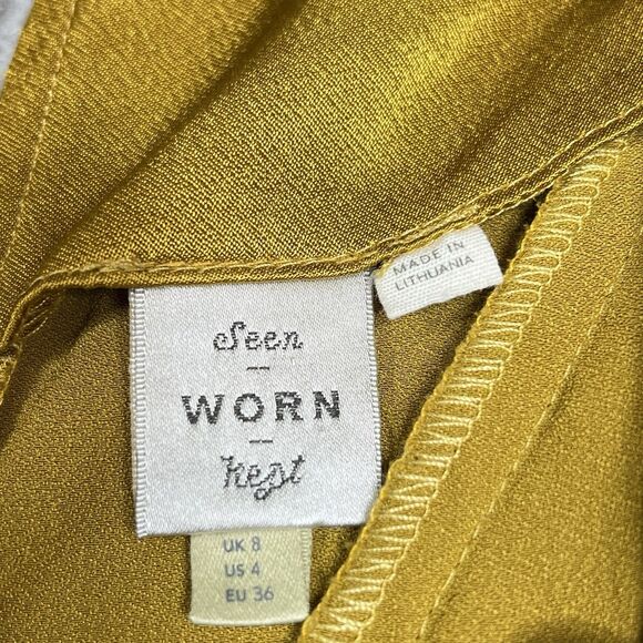 Anthropologie Seen Worn Kept Satin Ruffle Midi Dress 4 Gold Yellow Sleeveless - Picture 11 of 13